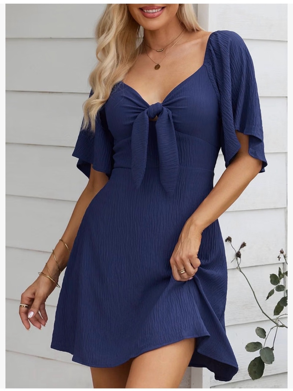 Women’s Navy Tie-Front Mini Dress with Flutter Sleeves